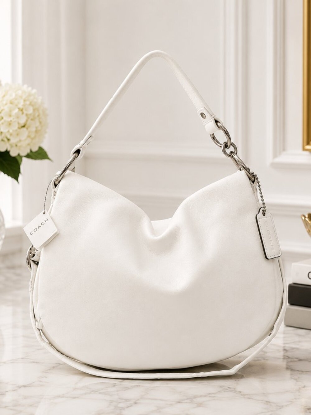 Coach Legacy 13648 White Pebbled Leather Flap Hobo Bag Silver Hardware